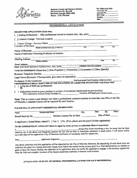 First page of the Professional Application and Information