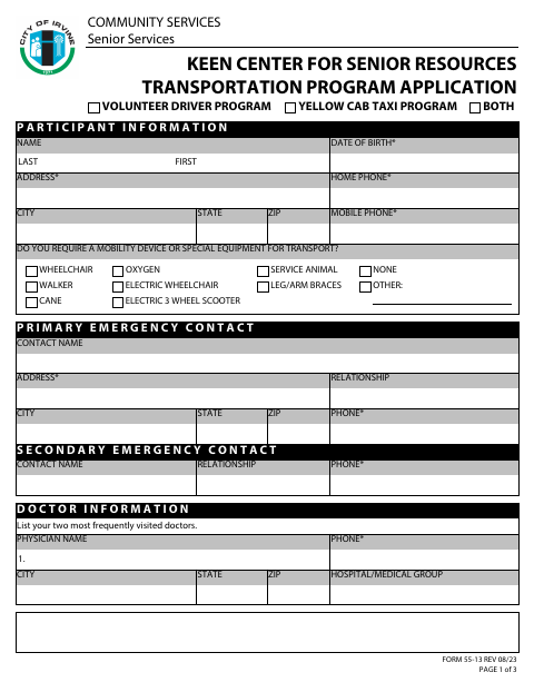 First page of the Transportation Program Application