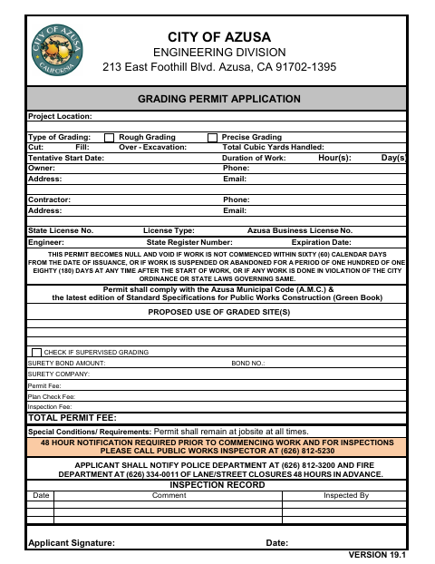 First page of the Grading Permit Application