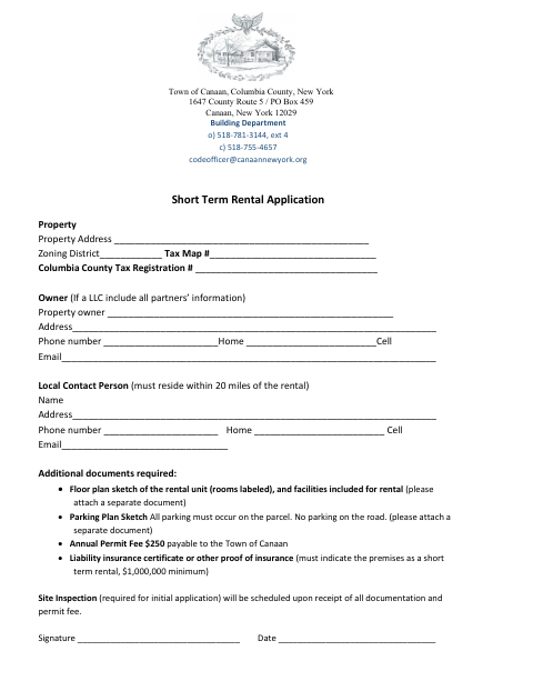 First page of the Short Term Rental Application