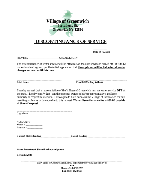 First page of the Discontinuance of Service