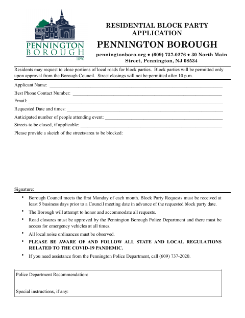 First page of the Residential Block Party Application