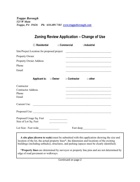 First page of the Zoning Review Application – Change of Use