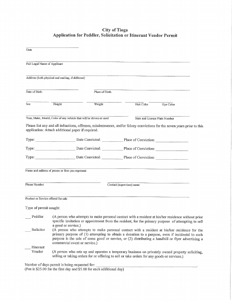 First page of the Peddler, Solicitation or Itinerant Vendor Permit Application