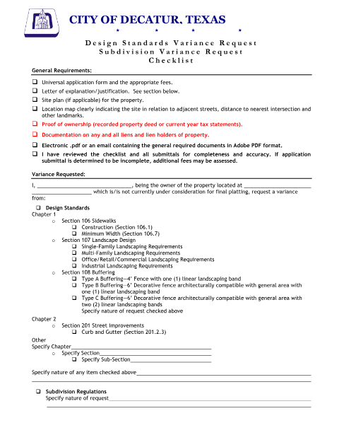 First page of the Design Standards Variance Checklist and Universal Application