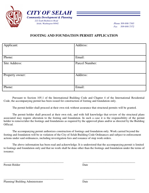 First page of the Footing and Foundation Permit Application