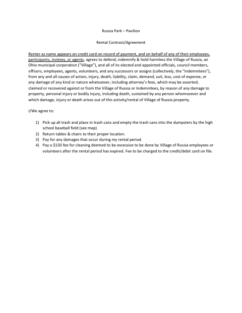 First page of the Pavilion Rental Contract Agreement