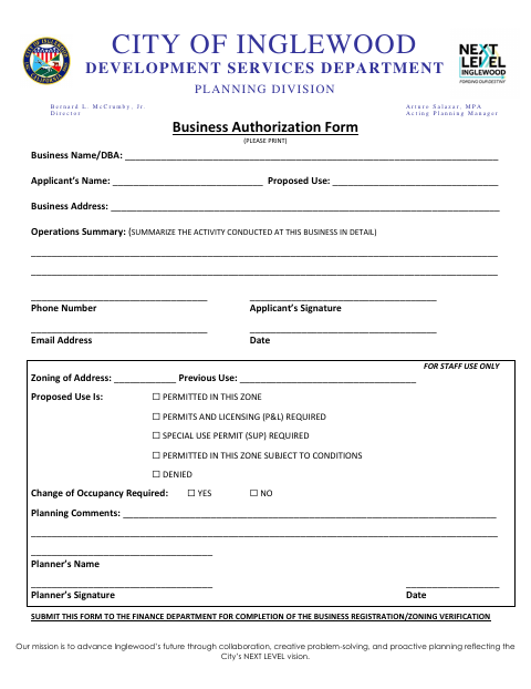 First page of the Business Authorization Form