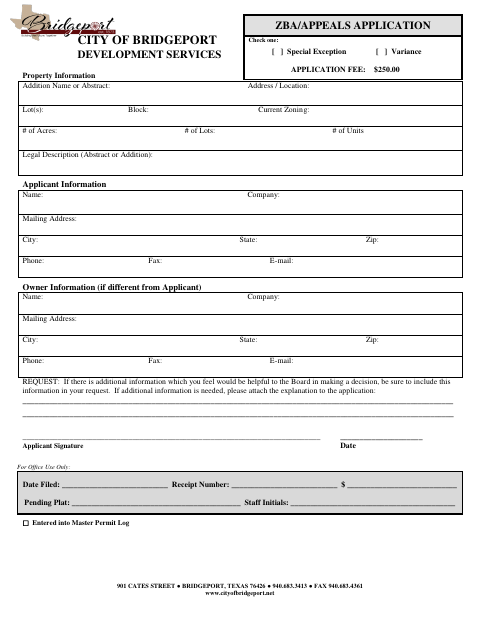First page of the ZBA/Appeals Application