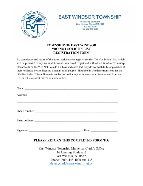 First page of the Do Not Solicit List Registration Form