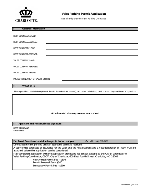 First page of the Valet Parking Permit Application