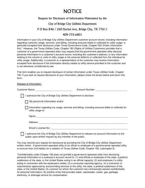First page of the Disclosure Of Utility Information