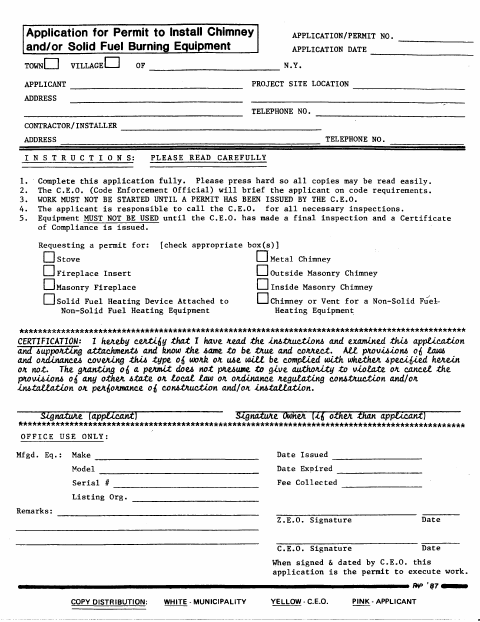 First page of the Application for Permit to Install a Chimney or Solid Fuel Burning Equipment