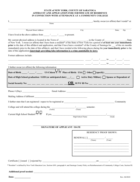 First page of the Affidavit and Application for Certificate of Residence