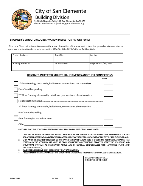 First page of the Engineer’s Structural Observation Inspection Report Form