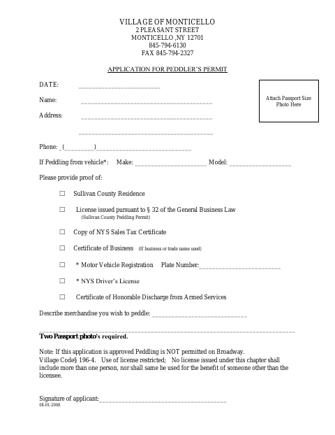 First page of the Application for Peddler's Permit