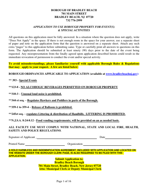 First page of the Application to Use Borough Property for Events and Special Activities