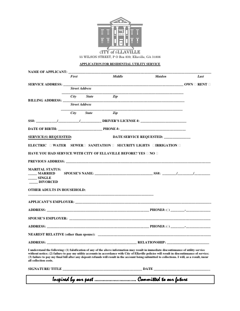 First page of the Residential Utility Service Application