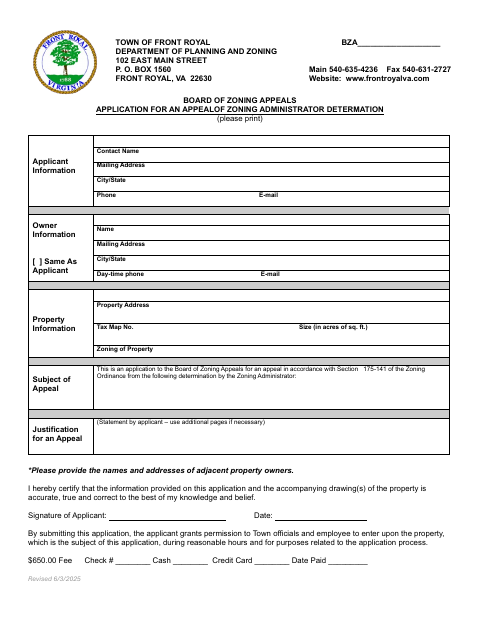 First page of the Board of Zoning Appeals Application for an Appeal
