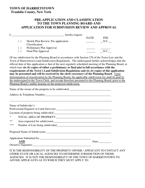 First page of the Subdivision Application