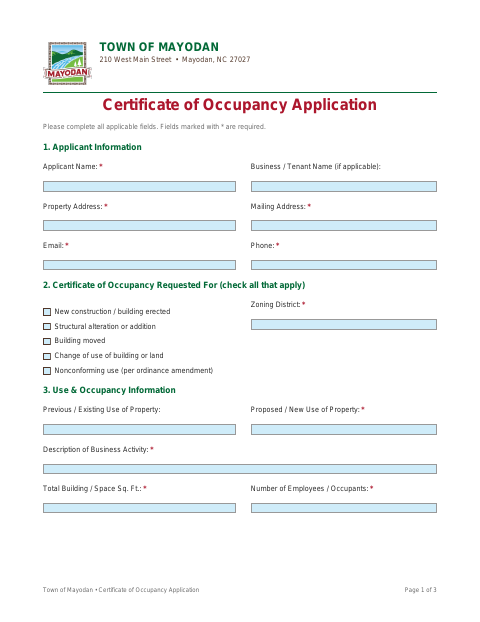 First page of the Certificate of Occupancy Application