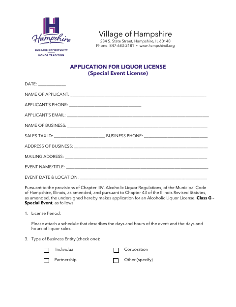 First page of the Application for Liquor License (Special Event License)