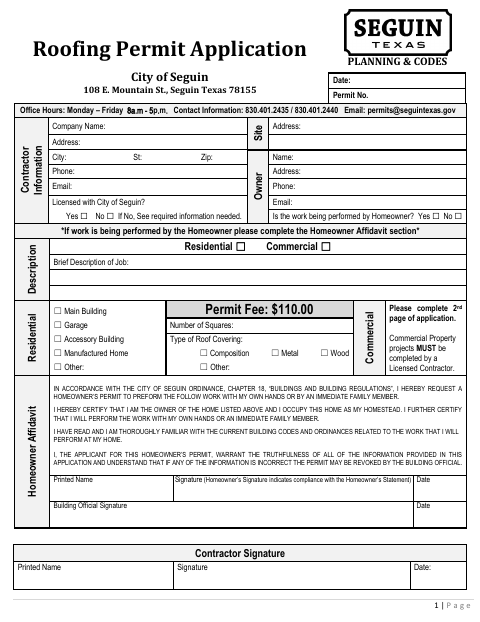 First page of the Roofing Permit Application