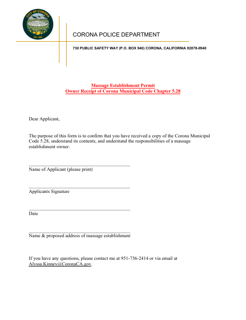 First page of the Massage Establishment Permit Owner Receipt of Corona Municipal Code Chapter 5.28