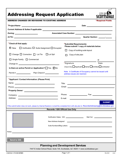 First page of the Addressing Request Application