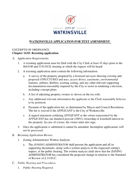 First page of the Application for Text Amendment