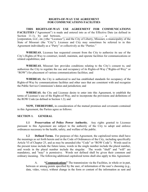 First page of the Rights-of-Way Use Agreement for Communications Facilities