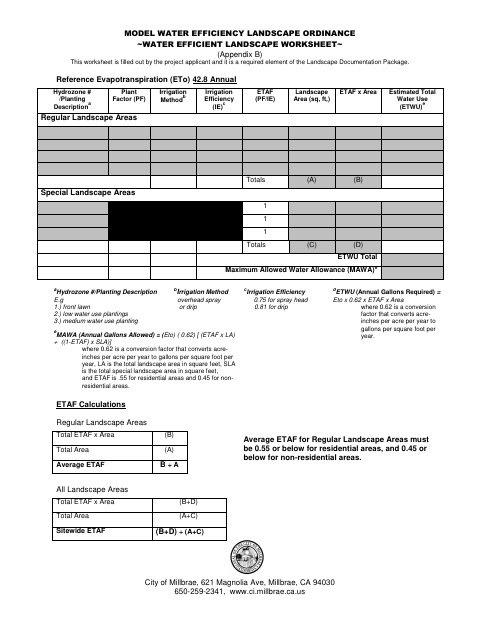 First page of the Water Efficient Landscape Worksheet (Appendix B)