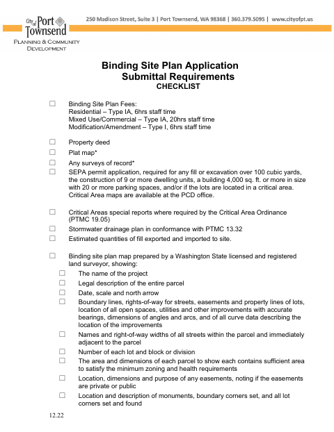First page of the Binding Site Plan Application Submittal Requirements Checklist