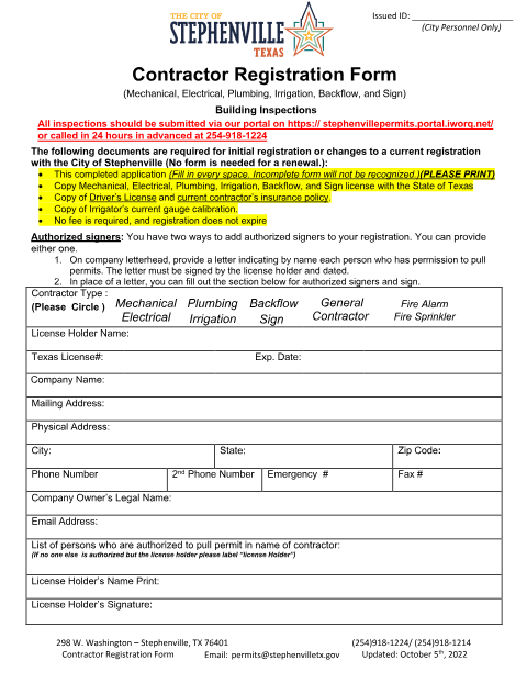 First page of the Contractor Registration Form