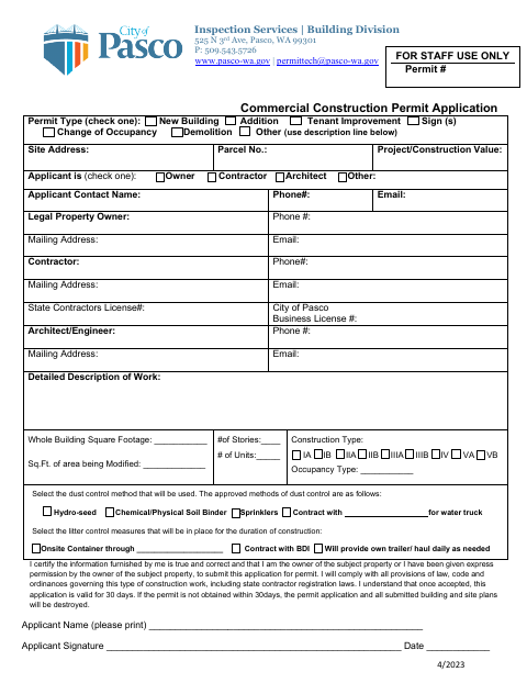 First page of the Commercial Construction Permit Application
