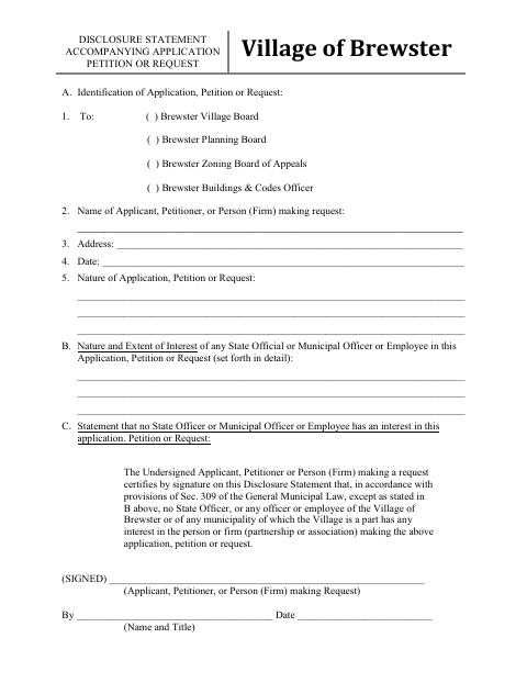 First page of the Disclosure Statement Accompanying Application, Petition, or Request