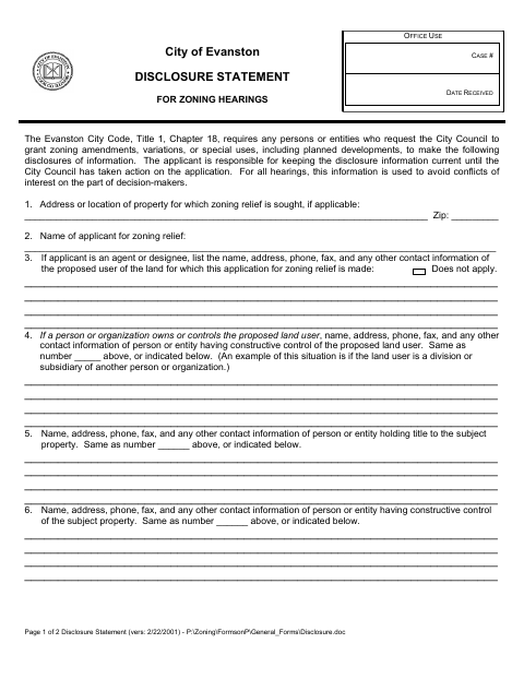 First page of the Disclosure Statement for Zoning Hearings