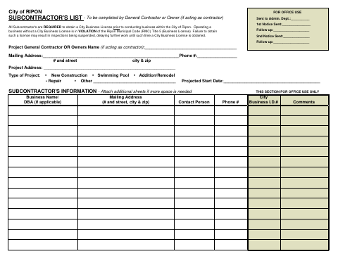 First page of the Subcontractor's List