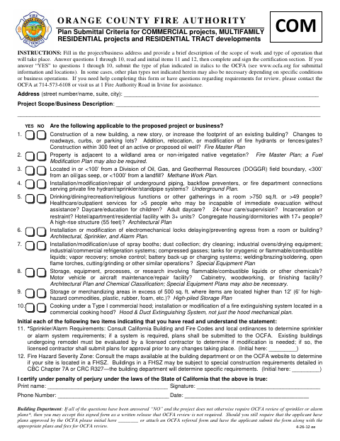 First page of the Plan Submittal Criteria for Commercial Projects, Multifamily Residential Projects and Residential Tract Developments