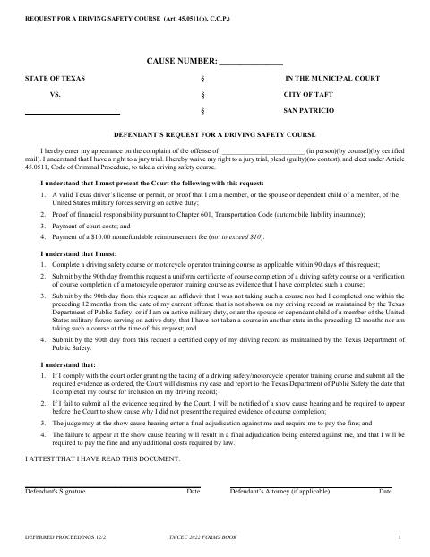 First page of the Request for a Driving Safety Course