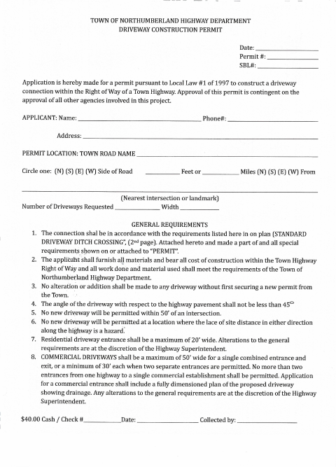 First page of the Driveway Construction Permit Application