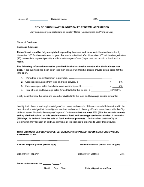 First page of the Sunday Sales Renewal Application
