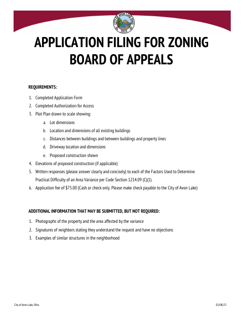 First page of the Zoning Board Of Appeals Area Variance Application