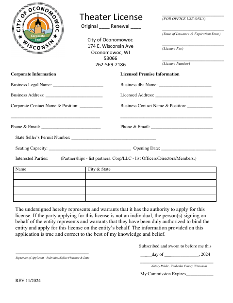 First page of the Theater License Application