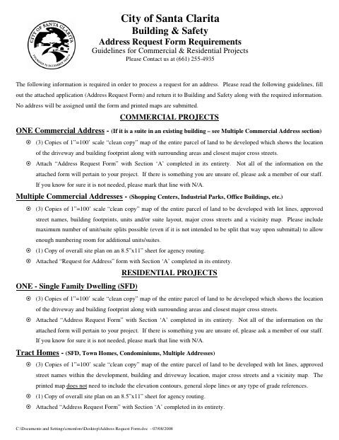 First page of the Address Request Form