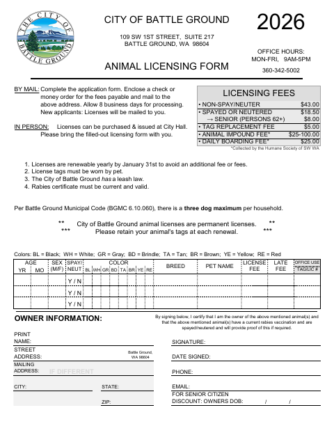 First page of the Animal Licensing Form