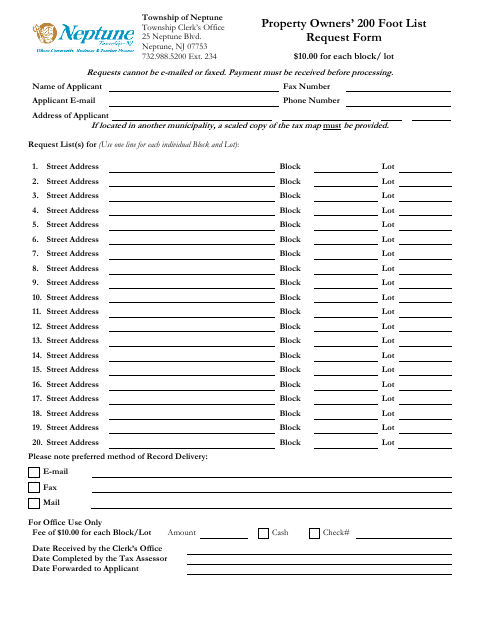 First page of the Property Owners’ 200 Foot List Request Form