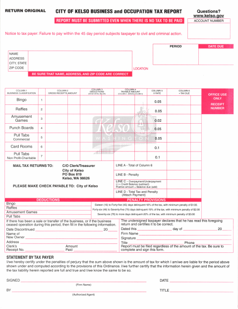 First page of the Business and Occupation Tax Report