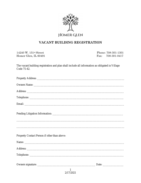 First page of the Vacant Building Registration