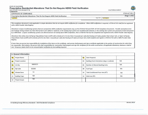 First page of the Prescriptive Residential Alterations Energy Compliance